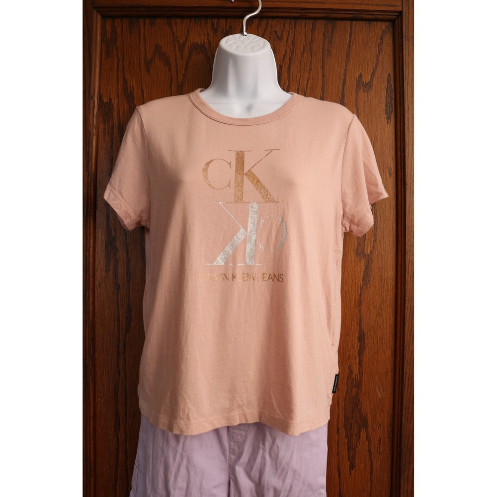 Vintage CALVIN KLEIN Jeans Shirt Women Small Peach Graphic Metallic Logo